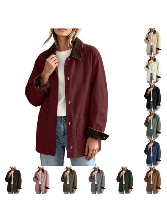 Women's Barn Jacket Corduroy Collar Work Coat Button Front Mid Length Outerwear with Pockets for Fall Winter