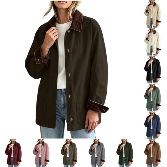 DISKEBUISS Women's Barn Jacket Corduroy Collar Work Coat Button Front Mid Length Outerwear with Pockets for Fall Winter