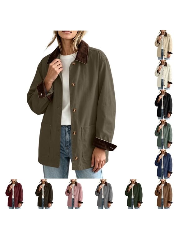 Women's Barn Jacket Corduroy Collar Work Coat Button Front Mid Length Outerwear with Pockets for Fall Winter