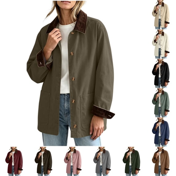 DISKEBUISS Women's Barn Jacket Corduroy Collar Work Coat Button Front Mid Length Outerwear with Pockets for Fall Winter