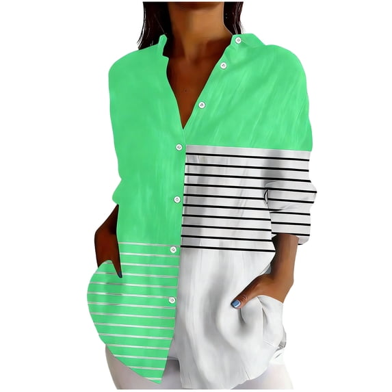 DISKEBUISS Women's Color Block T-Shirts Fashion Button Long Sleeve Blouse Tops for Vacation & Daily Outing Wear