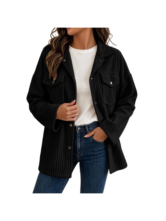 Women's Corduroy Jacket Lapel Snap Long Sleeve Loose Casual Coat with Pockets for Fall Winter