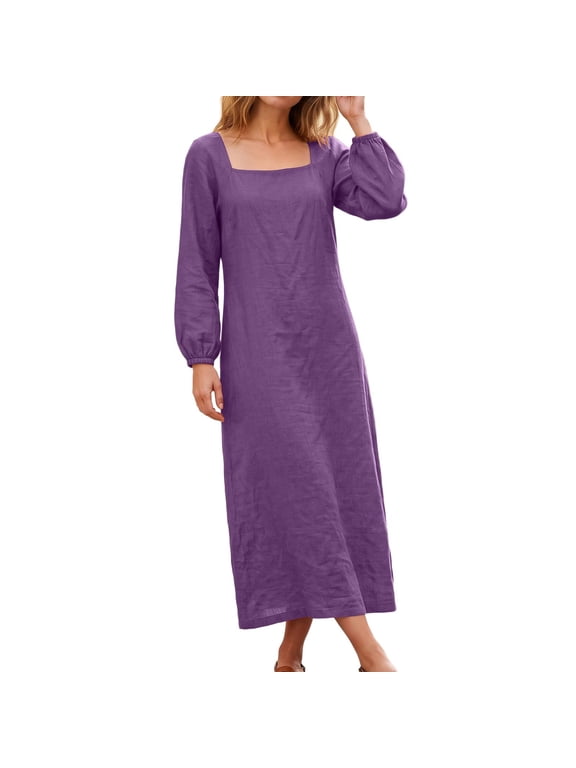Women's Cotton Linen Maxi Dresses Square Neck Puff Long Sleeve Loose Straight Casual Vacation Dress for Fall