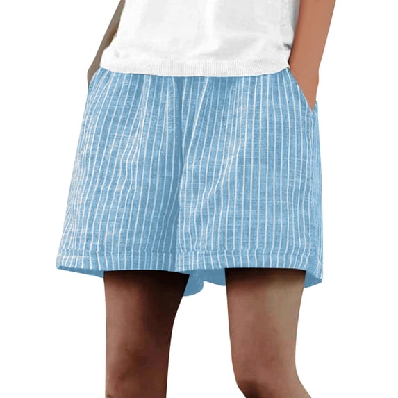 DISKEBUISS Women's Cotton Linen Shorts Striped Wide Leg Short Pants with Pockets for Summer Casual Daily Wear