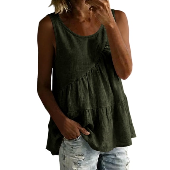 DISKEBUISS Women's Cotton Linen Tank Tops Crew Neck Sleeveless Ruffle Hem Ruched Blouse for Daily Casual