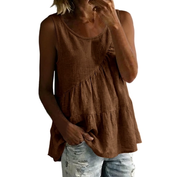 DISKEBUISS Women's Cotton Linen Tank Tops Crew Neck Sleeveless Ruffle Hem Ruched Blouse for Daily Casual