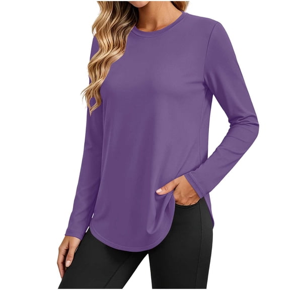 DISKEBUISS Women's Crew Neck Long Sleeve T‑Shirt Casual Curved Hem Loose Fit Basic Tops for Daily Wear