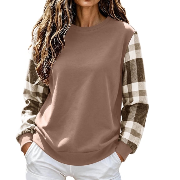 DISKEBUISS Women's Crew Neck Sweatshirt Plaid Patchwork Long Sleeve Casual Solid Pullover Top for Fall Winter