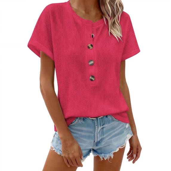 DISKEBUISS Women's Crew Neck Tops - Fashion Half Button Short Sleeve Blouse for Everyday Casual Comfort Clothing