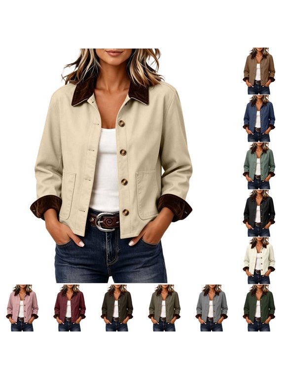 Women's Cropped Barn Jacket Corduroy Collar Work Coat Button Front Loose Outerwear with Pockets for Winter Fall
