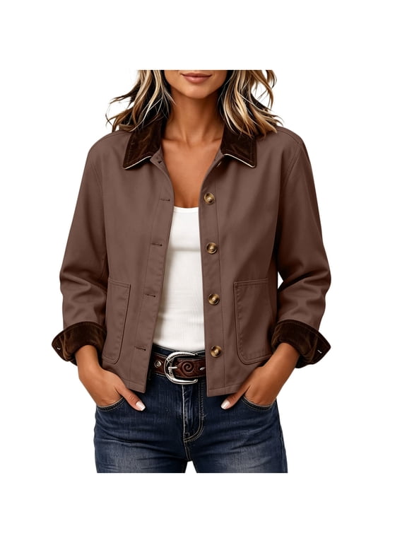 Women's Cropped Barn Jacket Corduroy Collar Work Coat Button Front Loose Outerwear with Pockets for Winter Fall