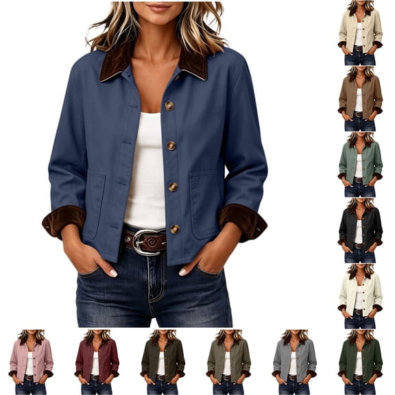 DISKEBUISS Women's Cropped Barn Jacket Corduroy Collar Work Coat Button Front Loose Outerwear with Pockets for Winter Fall