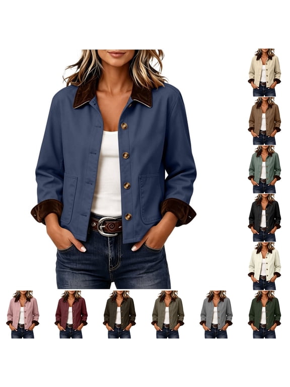 Women's Cropped Barn Jacket Corduroy Collar Work Coat Button Front Loose Outerwear with Pockets for Winter Fall