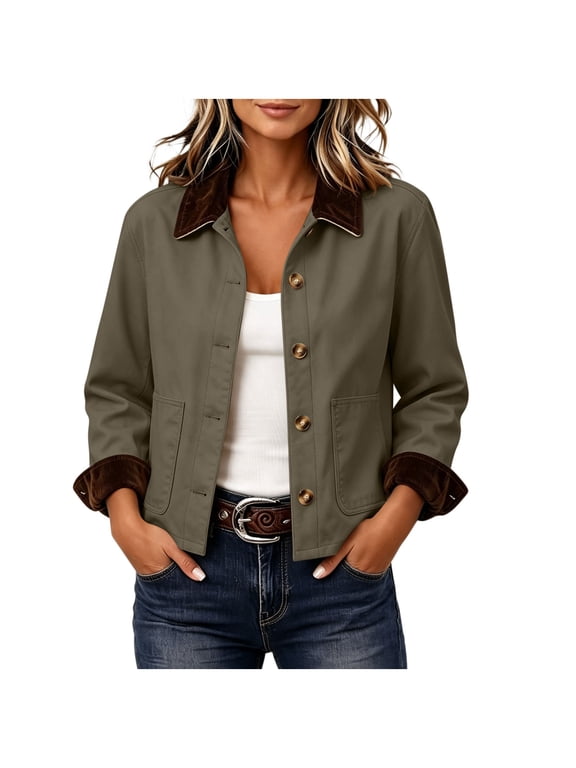 Women's Cropped Barn Jacket Corduroy Collar Work Coat Button Front Outerwear with Pockets for Fall Winter