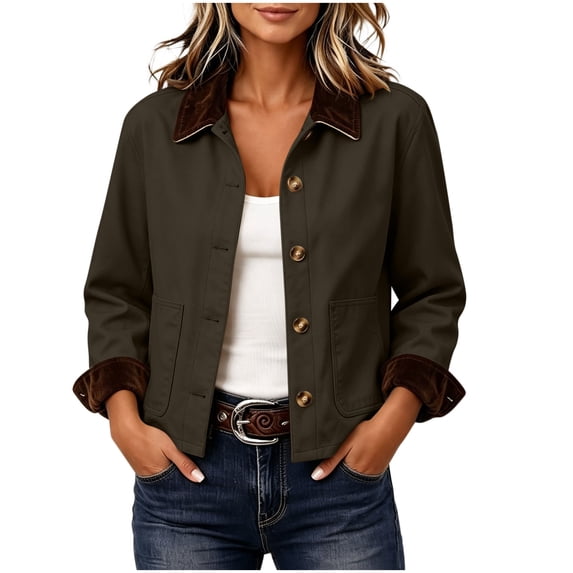 DISKEBUISS Women's Cropped Barn Jacket Corduroy Collar Work Coat Button Front Outerwear with Pockets for Fall Winter