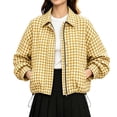 thumbnail image 1 of DISKEBUISS Women's Cropped Gingham Plaid Jacket Lapel Zip & Snap Long Sleeve Short Outerwear for Fall Winter, 1 of 8