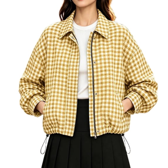 DISKEBUISS Women's Cropped Gingham Plaid Jacket Lapel Zip & Snap Long Sleeve Short Outerwear for Fall Winter
