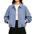 thumbnail image 1 of DISKEBUISS Women's Cropped Gingham Plaid Jacket Lapel Zip & Snap Long Sleeve Short Outerwear for Fall Winter, 1 of 8