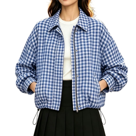 DISKEBUISS Women's Cropped Gingham Plaid Jacket Lapel Zip & Snap Long Sleeve Short Outerwear for Fall Winter