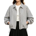 thumbnail image 1 of DISKEBUISS Women's Cropped Gingham Plaid Jacket Lapel Zip & Snap Long Sleeve Short Outerwear for Fall Winter, 1 of 8