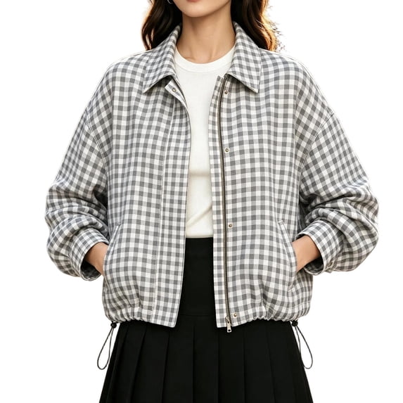 DISKEBUISS Women's Cropped Gingham Plaid Jacket Lapel Zip & Snap Long Sleeve Short Outerwear for Fall Winter