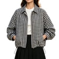 thumbnail image 1 of DISKEBUISS Women's Cropped Gingham Plaid Jacket Lapel Zip & Snap Long Sleeve Short Outerwear for Fall Winter, 1 of 7