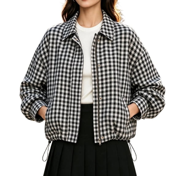 DISKEBUISS Women's Cropped Gingham Plaid Jacket Lapel Zip & Snap Long Sleeve Short Outerwear for Fall Winter