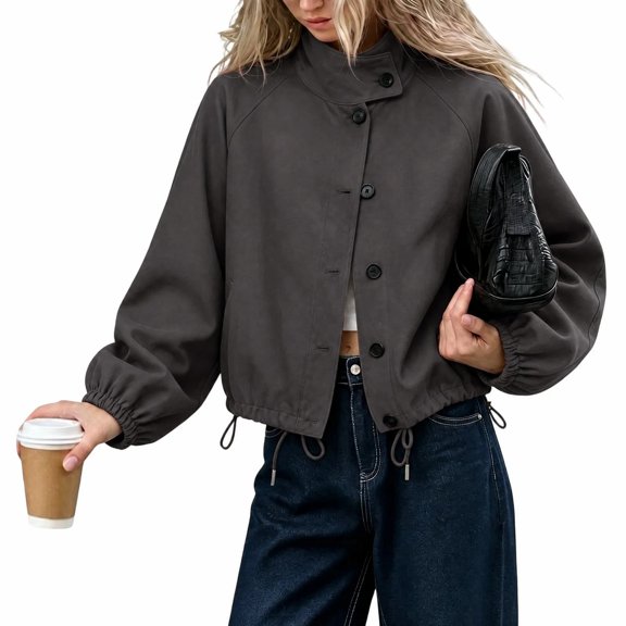 DISKEBUISS Women's Cropped Stand Collar Jacket Button Down Front Long Sleeve Fall Winter Casual Outerwear