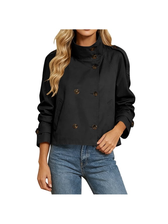 Women's Cropped Trench Coat Double Breasted Fall Belt Short Jacket High Collar Lightweight Outerwear