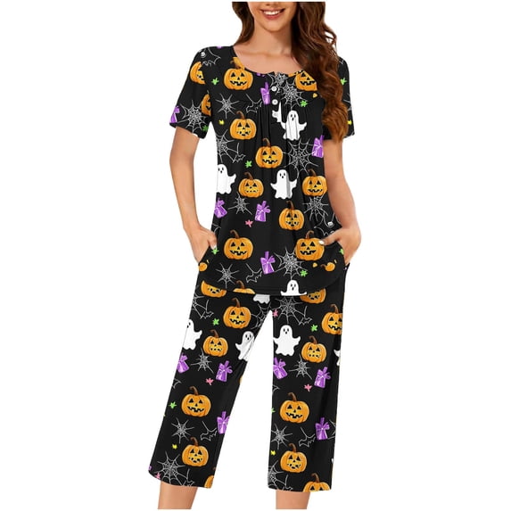 DISKEBUISS Women's Fashion Print Pajama Set Short Sleeve Capri Pants 2 Piece Lounge With Pocket for Home