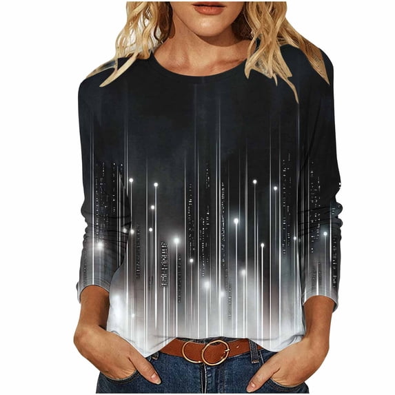 DISKEBUISS Women's Fashion Print Tops Round Neck Long Sleeve Loose Fall & Winter T-Shirts for Daily Casual