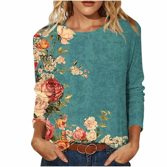 DISKEBUISS Women's Fashion Print Tops Round Neck Long Sleeve Loose Fall & Winter T-Shirts for Daily Casual