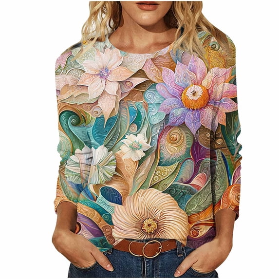 DISKEBUISS Women's Fashion Print Tops Round Neck Long Sleeve Loose Fall & Winter T-Shirts for Daily Casual