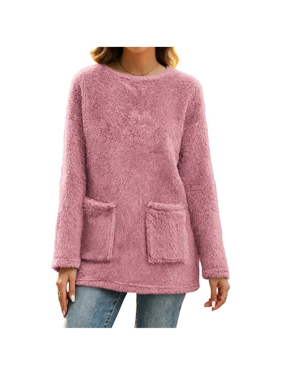 Women's Fuzzy Fleece Long Sleeve Sweatshirts Top Round Neck with Pockets Loose Teddy Pullover for Fall Winter
