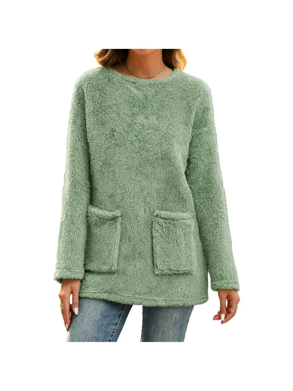 Women's Fuzzy Fleece Long Sleeve Sweatshirts Top Round Neck with Pockets Loose Teddy Pullover for Fall Winter