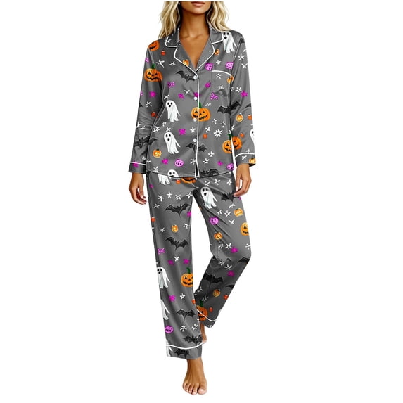 DISKEBUISS Women's Halloween Print Pajama Set Long Sleeve Button Down Tops & Pants 2 Piece for Home