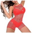 thumbnail image 1 of DISKEBUISS Women's Hanging Neck High Elasticity Hollow Hot Diamond Mesh Jumpsuit Red Free Size, 1 of 4