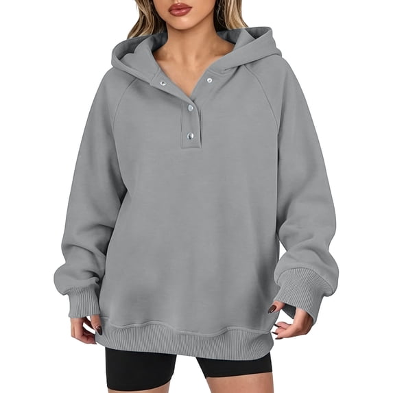 DISKEBUISS Women's Henley Button Pullover Hoodie Raglan Long Sleeve Fleece Sweatshirt with Pockets Casual Fall Winter Tops
