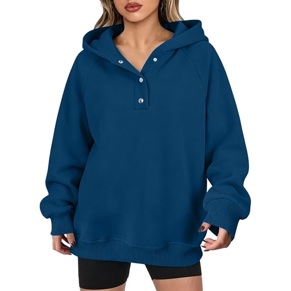 DISKEBUISS Women's Henley Button Pullover Hoodie Raglan Long Sleeve Fleece Sweatshirt with Pockets Casual Fall Winter Tops