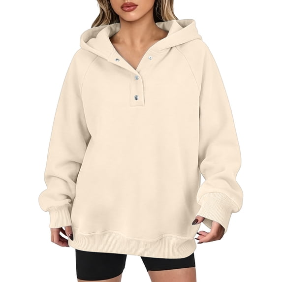 DISKEBUISS Women's Henley Button Pullover Hoodie Raglan Long Sleeve Fleece Sweatshirt with Pockets Casual Fall Winter Tops