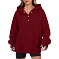 thumbnail image 1 of DISKEBUISS Women's Henley Button Pullover Hoodie Raglan Long Sleeve Fleece Sweatshirt with Pockets Casual Fall Winter Tops, 1 of 6