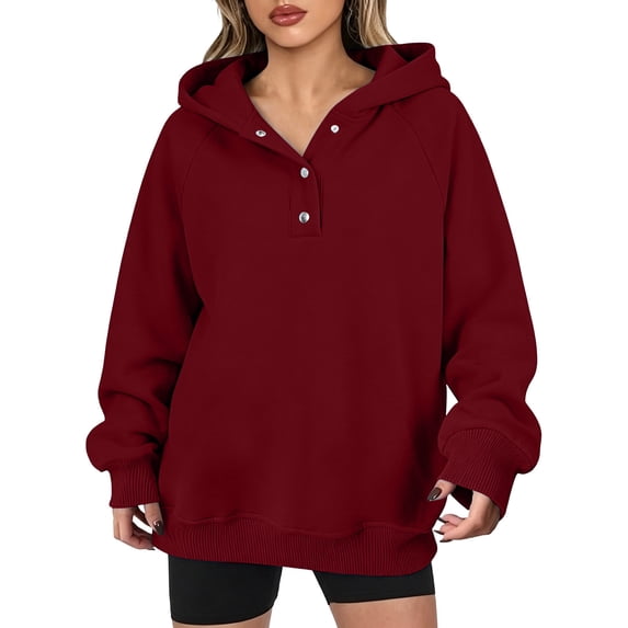 DISKEBUISS Women's Henley Button Pullover Hoodie Raglan Long Sleeve Fleece Sweatshirt with Pockets Casual Fall Winter Tops
