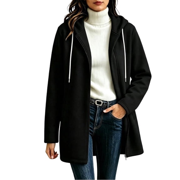 DISKEBUISS Women's Hooded Mid Length Coat Asymmetric Zipper Long Sleeve Jacket Casual Outerwear with Pockets for Fall Winter