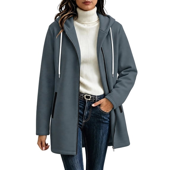 DISKEBUISS Women's Hooded Mid Length Coat Asymmetric Zipper Long Sleeve Jacket Casual Outerwear with Pockets for Fall Winter