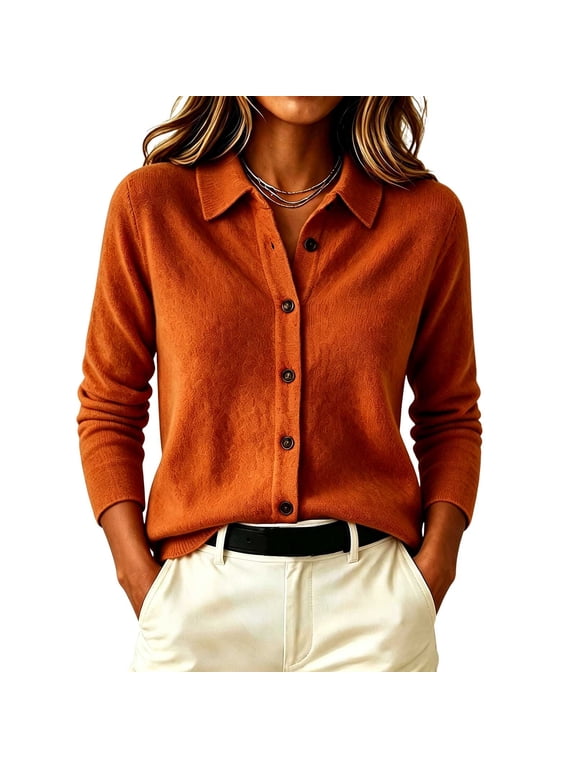 Women's Lapel Jacket Button Down Long Sleeve Lightweight Shirt Knit Cardigan Casual Tops for Fall Winter
