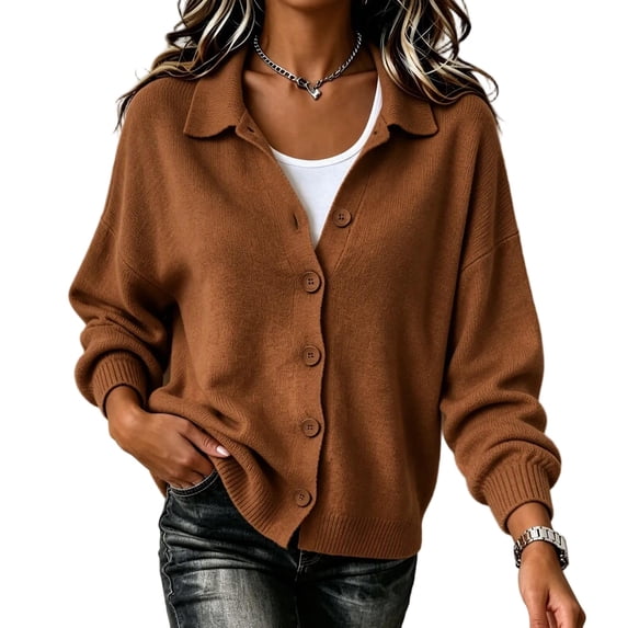 DISKEBUISS Women's Lapel Knit Cardigan Loose Button Down Long Sleeve Open Front Sweater Jacket Casual Fall Outerwear Tops