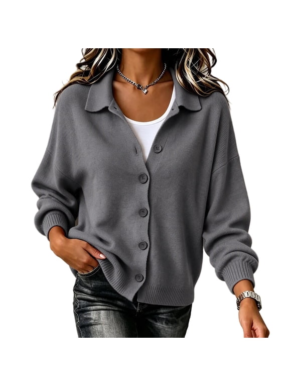 Women's Lapel Knit Cardigan Loose Button Down Long Sleeve Open Front Sweater Jacket Casual Fall Outerwear Tops