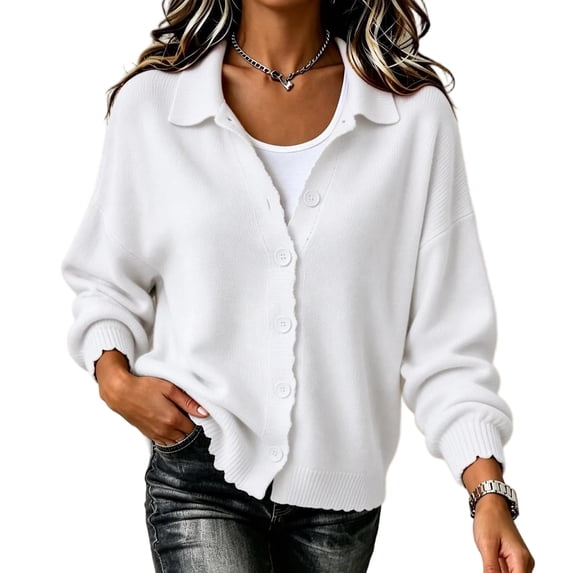 DISKEBUISS Women's Lapel Knit Cardigan Loose Button Down Long Sleeve Open Front Sweater Jacket Casual Fall Outerwear Tops