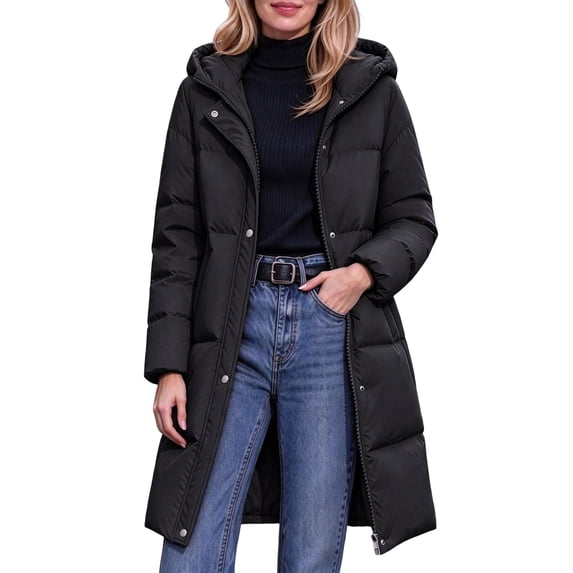 Zip Button Snap DISKEBUISS Women's Long Hooded Puffer Coat Zip Up Snap Button Windproof ...