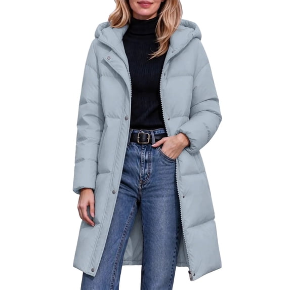Zip Button Snap DISKEBUISS Women's Long Hooded Puffer Coat Zip Up Snap Button Windproof ...